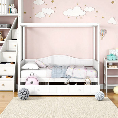 Lit de jour à baldaquin simple Royal Dreamy avec 2 tiroirs de rangement, blanc - Collection WildRose
