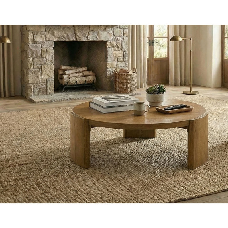 Ensemble de 3 pièces de style contemporain, 1 table basse, 2 tables de bout, socle, base ronde, mobilier de salon, finition noyer