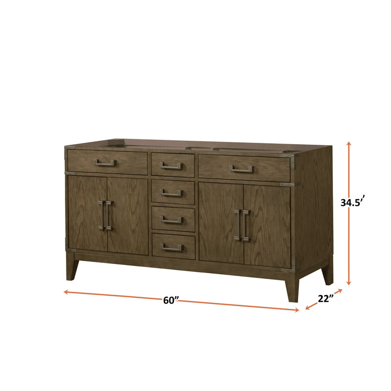 Meuble-lavabo double en chêne gris 60 po - 2 armoires, 4 tiroirs et tablette ouverte en bois massif, installation intérieure simple