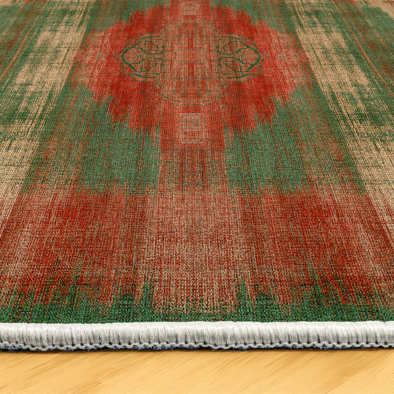 Greysi Collection Digital Print Cotton-Polyester Green Red Oriental Rug, Rectangle 4' x 7'3"