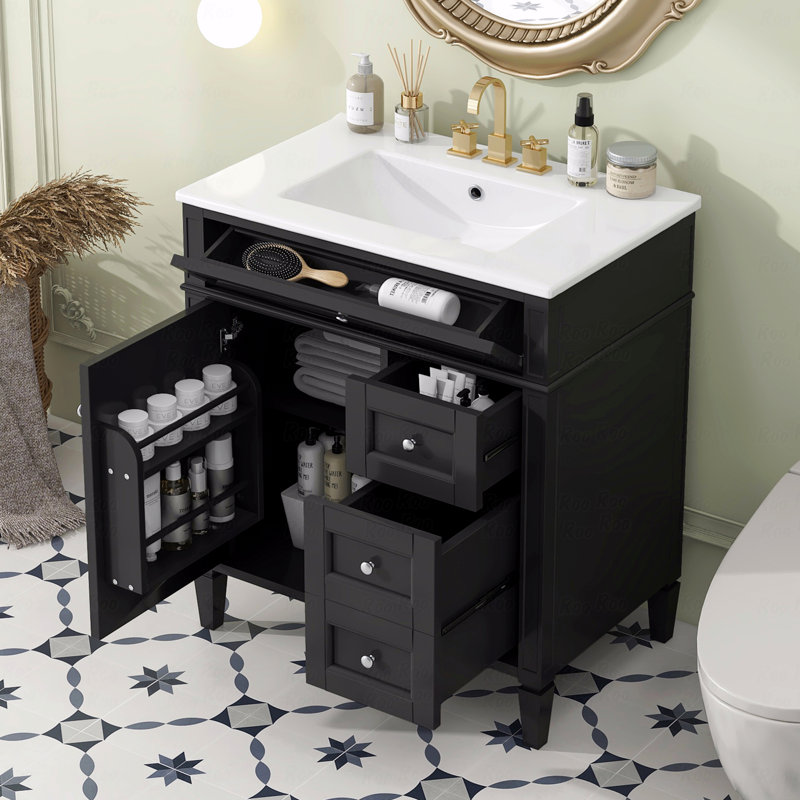 Meuble-lavabo de salle de bain avec lavabo supérieur, meuble de rangement moderne avec 2 tiroirs et un tiroir basculant, meuble-lavabo simple