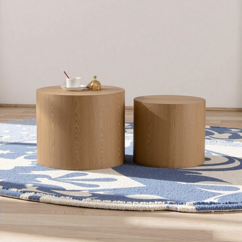 2-Pieces Round Wooden Nesting Coffee Table, Natural