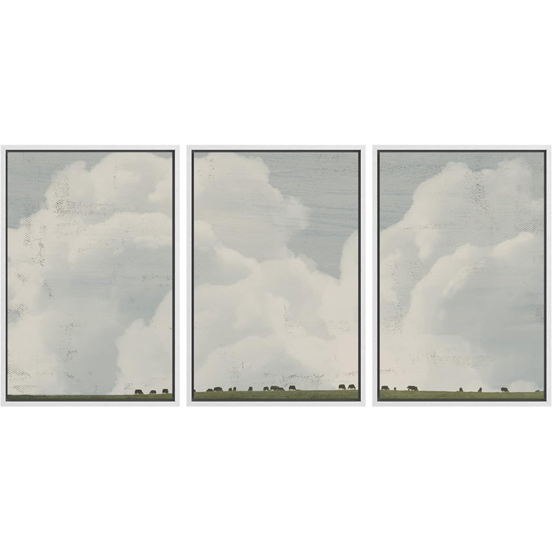 «Clouds Country Farm Cows», impression sur toile encadrée 3 pièces, H 36 po x l 72 po x P 1,5 po, Blanc