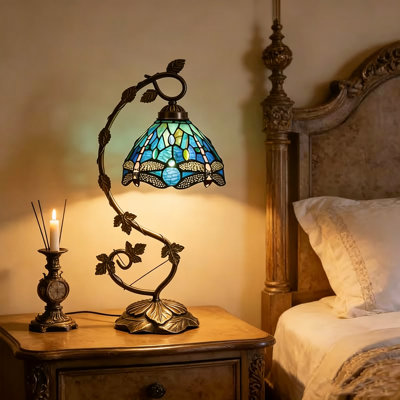 Modern 20.1"H Tiffany Table Lamp with Dragonfly Design,  Hand-Painted Stained Glass Shade, Vintage Tiffany- Style Table Lamp wit Sturdy Resin Base for Bedroom, Living Room, and Office Decor Vintage