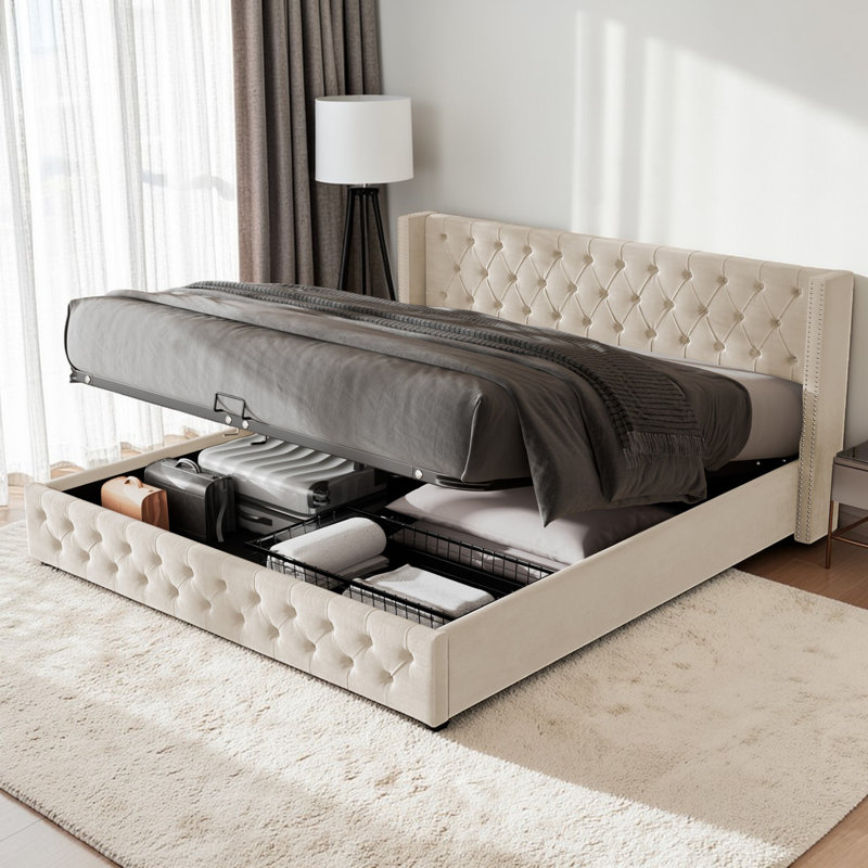 Parral Upholstered Storage Bed, Beige, Kingsize (5')