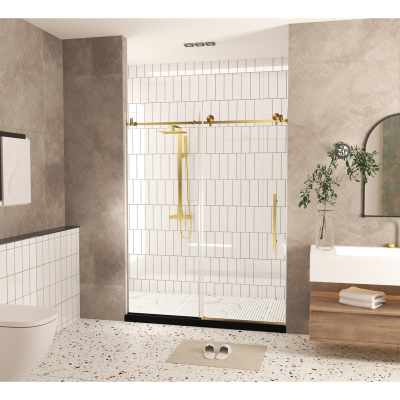 Shower Door 56 - 60"w X 76"h, 1/4"(6 Mm) Clear Tempered Glass, Brushed Gold Finish, American Design For Bathroom, Stainless Steel Handle, Proof Film, Large Wheels And Round Tracks, Fashionable Easy