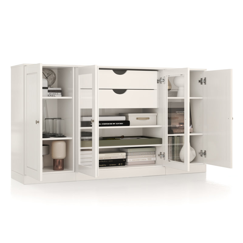 Buffet 100% bois massif 65 po avec portes en verre massif et transparent, 2 tiroirs et tablettes réglables, Blanc