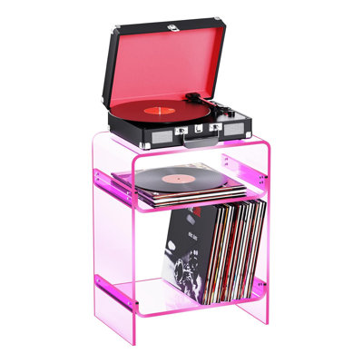 Acrylic Record Player Table with Storage Shelf, Clear Side Table Nightstand