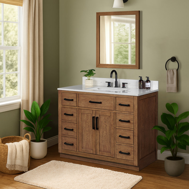 Meuble-lavabo simple 42 po avec tiroir, tablette, prise de courant et plateau en marbre d'ingénierie, Noyer brun foncé, 42''