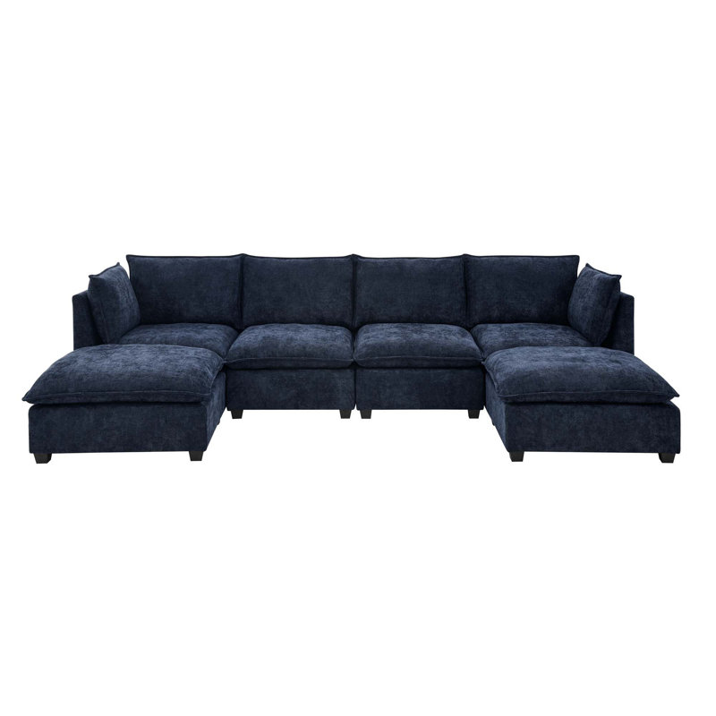 Canapé modulaire à 4 places avec 2 repose-pieds et canapé-lit en chenille Comfy Cloud, H 35,4 po x l 140 po x P 64 po, Bleu