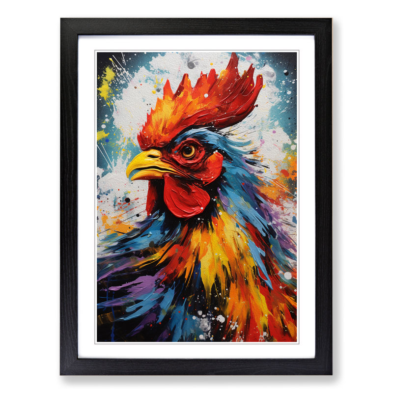 Rooster Action Painting - Single Picture Frame Print on Wood, Black, 64cm H x 46cm W x 2cm D
