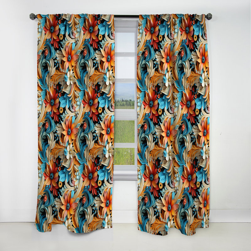 Motif de cachemire roses orange et bleu - motif floral cachemire - 1 panneau, L 52 po x L 84 po