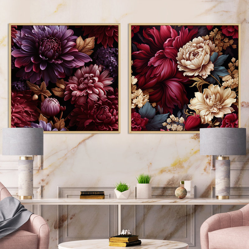 Royal Peony Garden Grace - ensemble de 2 pivoines carrées, Cadre flottant brun, H 16 po x l 33 po