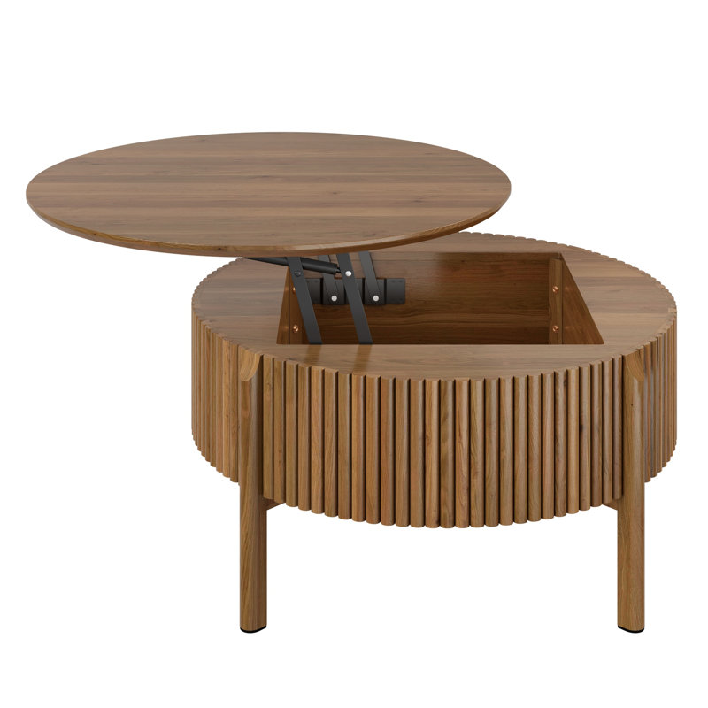 Table basse ronde à plateau relevable avec rangement caché, table de cocktail circulaire cannelée en bois massif, table de centre de ferme moderne en bois pour le salon, noyer