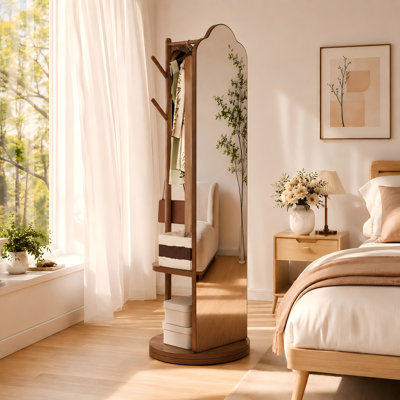 360° Freestanding Rotating Full Length Mirror with Coat Rack and Jewelry Storage in Walnut