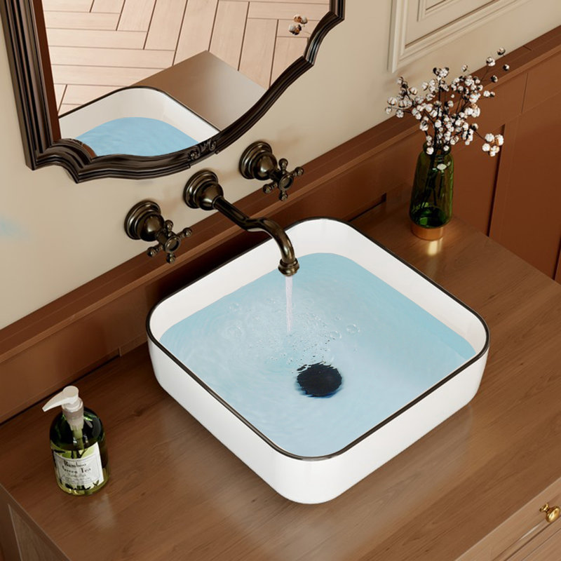 15 Inch Square Countertop Bathroom Vessel Sink Black Trim Design Ceramic
