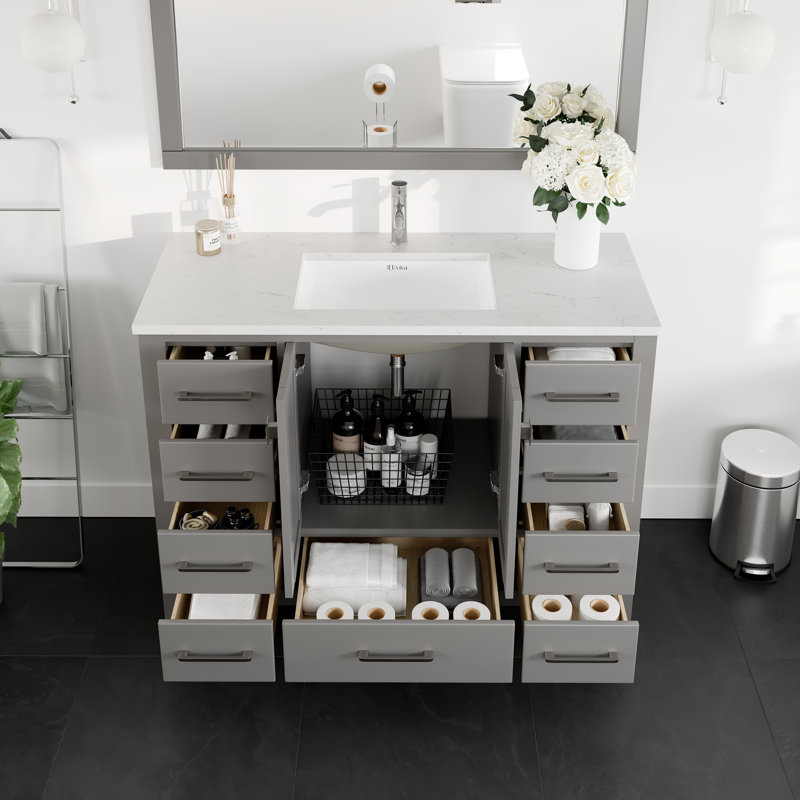 Eviva London 54"W x 18"D Bathroom Vanity with Undermount Porcelain Sink, Gray, Quartz - White Carrara
