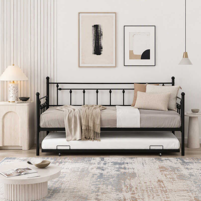 Lit de jour en métal avec lit gigogne, design moderne et peu encombrant
