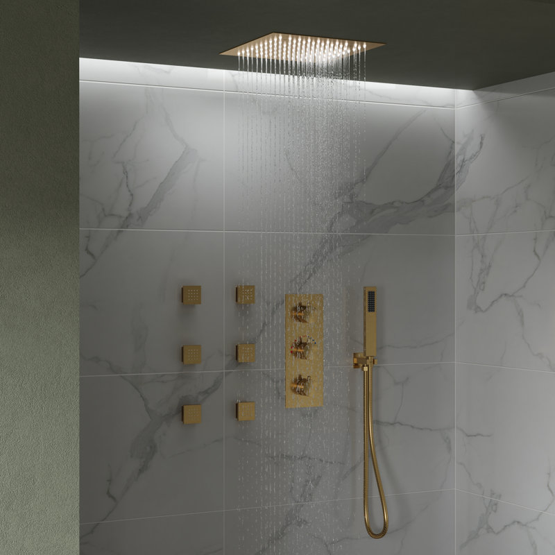 Thermostatic Rainfall Shower System, Ceiling Mount 12" LED Shower Head with Handheld Spray, 6 Body Jets Set, Brushed Gold
