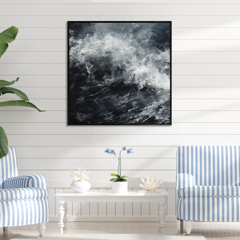 Tempête de vague noire et blanche I sur toile, Cadre flottant noir, H 16 po x l 16 po x P 1 po
