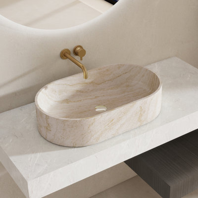 Lavabo de salle de bain en pierre 23 "à cuve ovale à surface solide de style artistique en travertin jaune 23" Stone Zen
