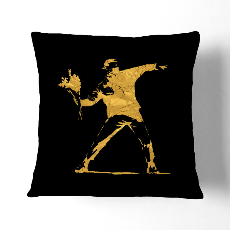 Banksy In Black Gold Flower Thrower Square Throw Cushion, 55cm H x 55cm W x 20cm D, Black