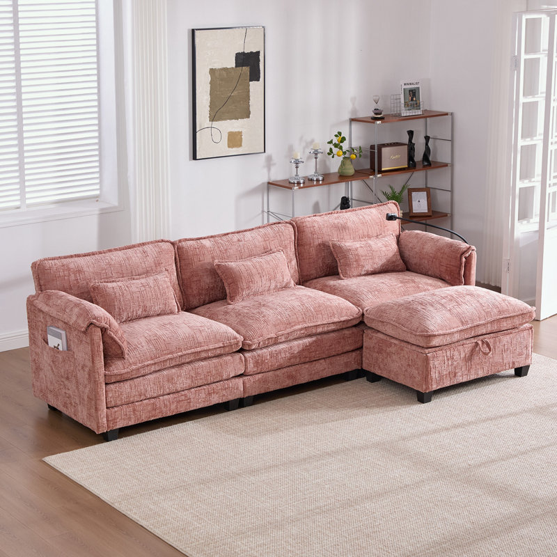 L Shaped Chenille Sectional Sofa with Storage Ottoman, Phone Holder and USB Charging Port, Pink Chenille