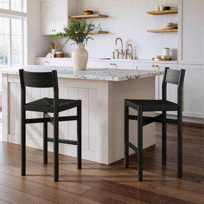 Alvia Wood Bar Stool With Woven Seats Set of 2 in Black