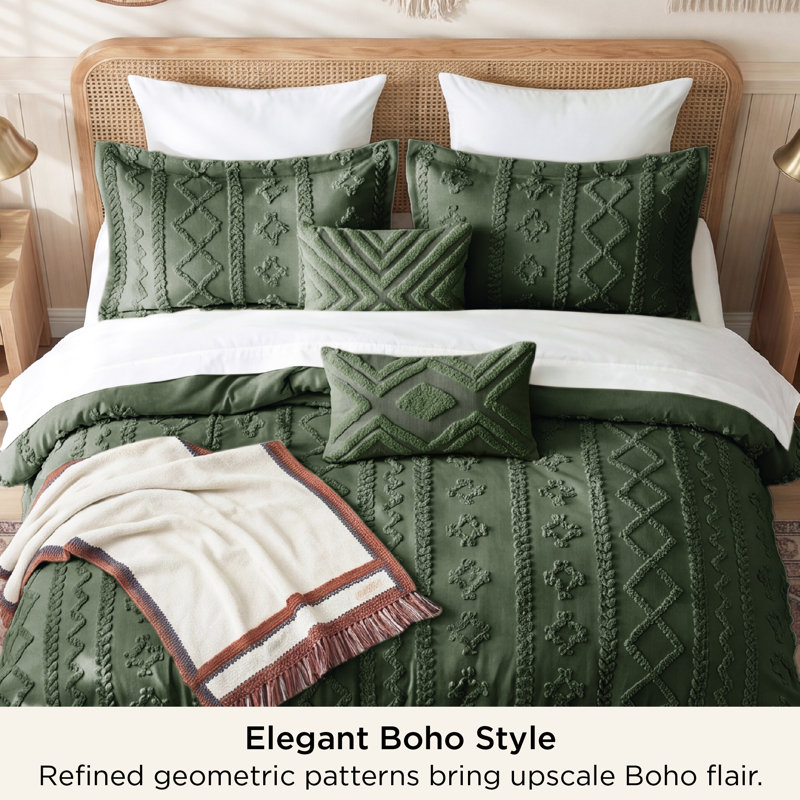 Bedsure King Tufted Boho Comforter Set - Olive Green Geometric Design, Farmhouse Embroidery, Soft 5-Piece Bedding Set, All Season