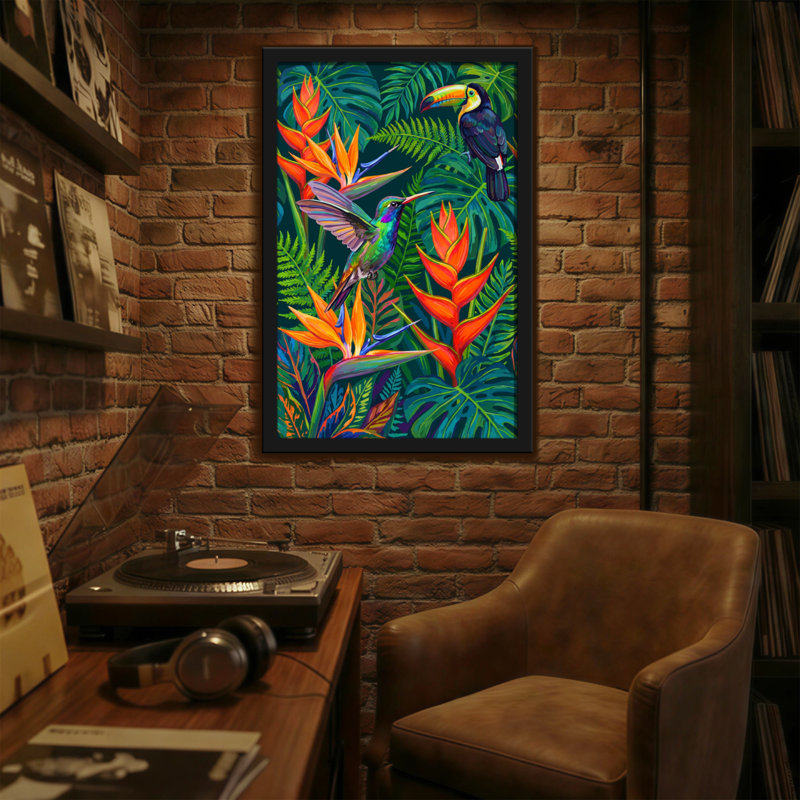 Animaux, oiseaux tropicaux et fleurs vibrantes, H 18 po x l 12 po