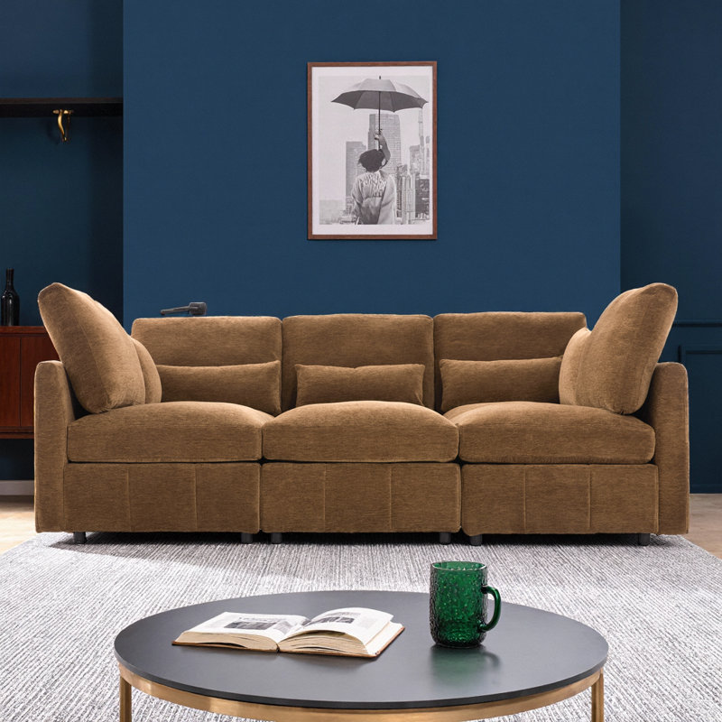 Black Chenille Modular Sectional Sofa with Movable Ottoman & USB Charger, Brown
