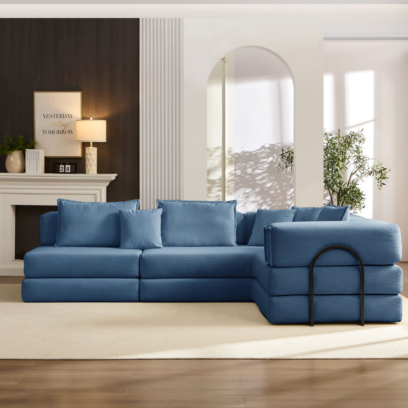 Velours côtelé bleu modulaire surdimensionné en forme de L, 118,2 po, 6 coussins, convertible, siège confortable dans un canapé de petite pièce, revêtement, respirant, assemblage facile pour la chambre à coucher