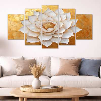 Golden Lotus White Dream I - Lotus, art mural 5 panneaux