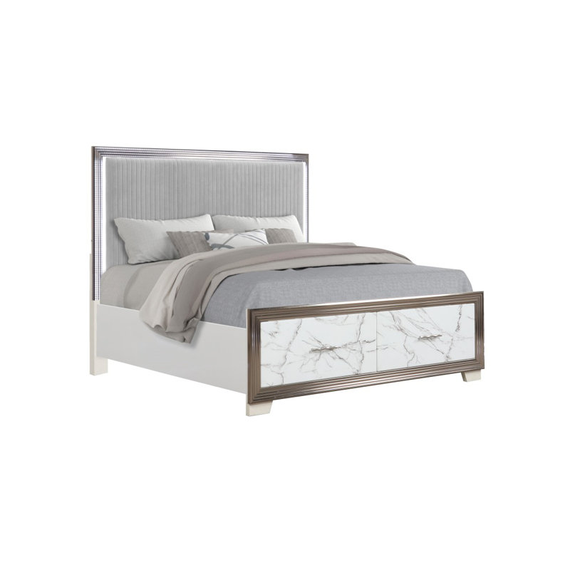 Lit pour grand lit Desire - Tête de lit tapissier à DEL avec rangement pour pied de lit à motif de marbre et garniture métallique pour une chambre à coucher chic et moderne (CA INVENTory)