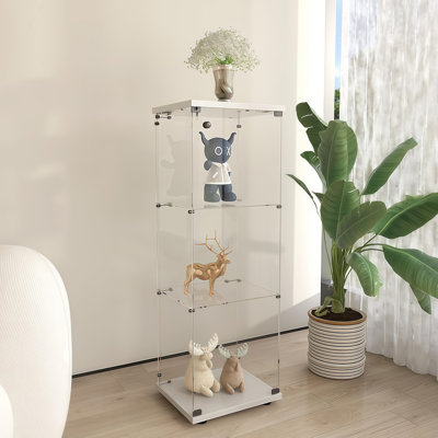 Glass Display Cabinet With 3 Shelves, Glass Display Case Cabinet With Lock, Curio Cabinets Floor Standing Glass Bookshelf For Living Room, Bedroom, Office