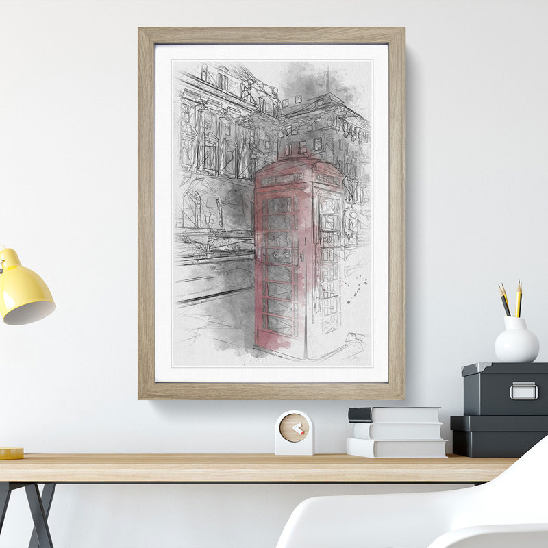 Red Telephone Box - Picture Frame Drawing, 48cm H x 36cm W x 2cm D, Oak Framed