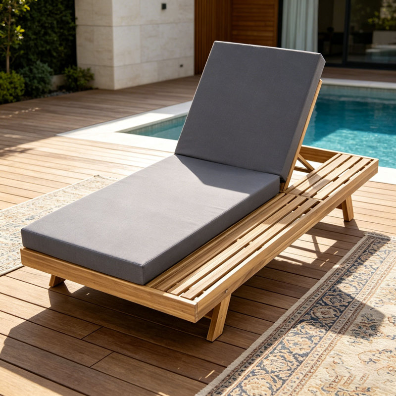 Acacia Wood Lounge Chaise With Water-Resistant Lounge Cushions, Dark Grey & 2 Inch Thick