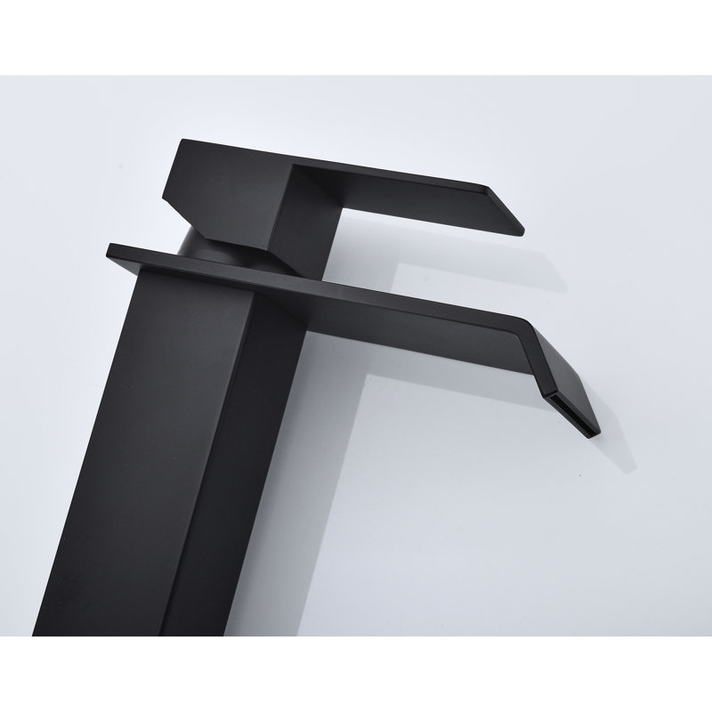 Robinet de meuble-lavabo à poignée simple, bec cascade, acier inoxydable noir mat et débit d'eau de 1,2 gallon par minute, poignée de l'ensemble de drain escamotable
