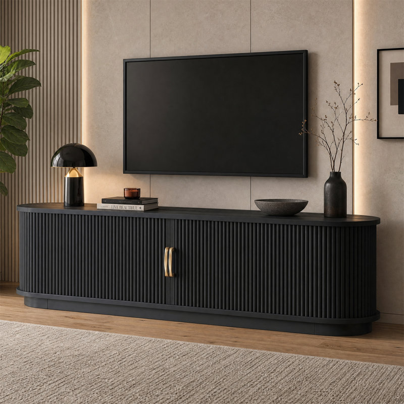 Meuble télé vintage rétro avec portes à lattes coulissantes pour téléviseurs de 75 po, console média en bois de ferme pour le salon, noir