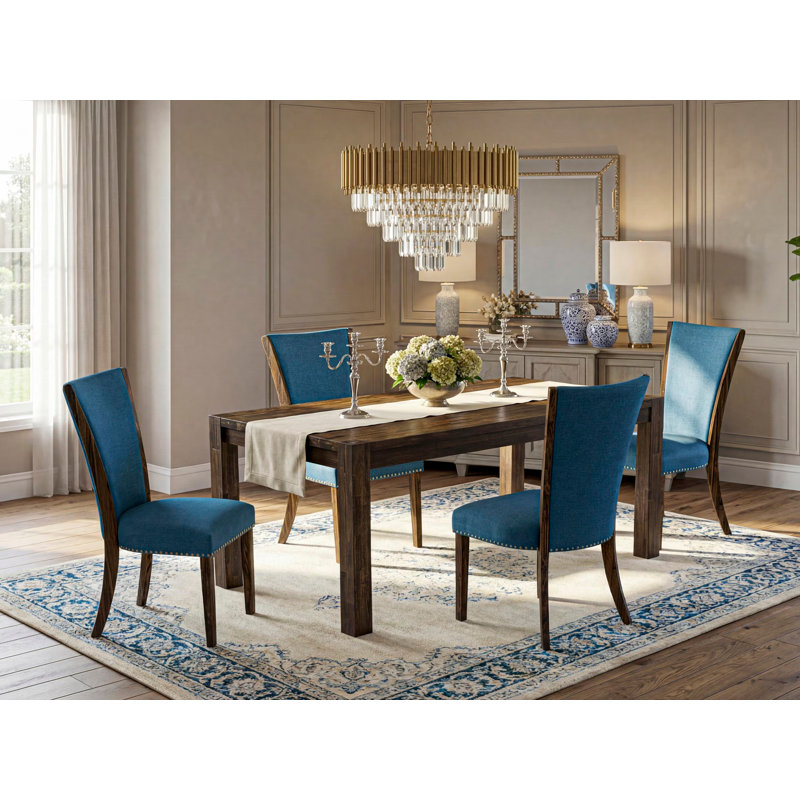 L'ensemble de table de cuisine 5 pièces comprend une table de salle à manger rectangulaire en bois rustique et 4 chaises rembourrées en tissu de couleur bleue, jacobine vieilli