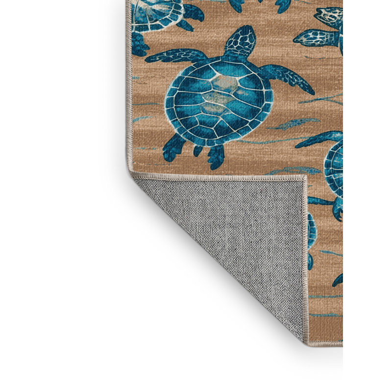 Washable Sea Turtle Migration Coastal Area Rug, Round 6'