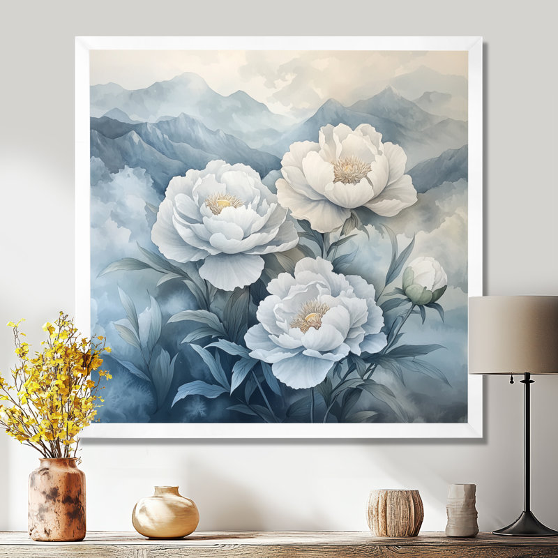 Givinda, pivoines dans les montagnes brumeuses I - pivoines, art mural, H 16 po x l 16 po, Blanc