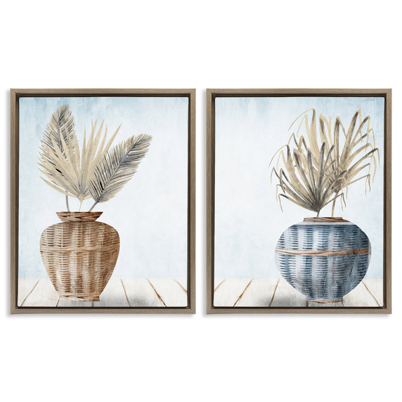 Palms in Rattan Planters 2 PC Framed Floater Canvas Set by Kim Allen, 31" H x 25" W, Brown Floater Frame