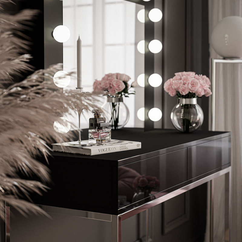 Antoniya Dressing Table with Mirror, Chrome/High Gloss Black