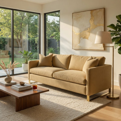 Lizzy Sofa With 2 Pillows, Camel Brown Velvet, 91 Inch Gold Steel Legs