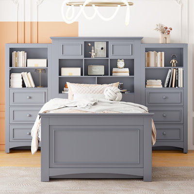 Lit simple gris en bois avec rangement tout-en-un, 4 tiroirs coulissants sur les côtés et 12 compartiments à la tête de lit