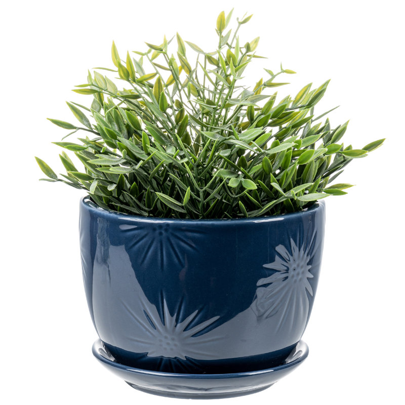 Round Blue Ceramic Flower Pot Planter, Blue