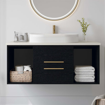 Meuble-lavabo mural avec lavabo ovale en céramique, conception flottante, armoire en bois massif multicouche, tiroirs à fermeture en douceur et rangement ouvert pour les salles de bain modernes