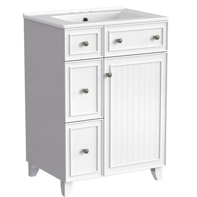 Meuble-lavabo de salle de bain 24 po. Évier en céramique. Rangement généreux. 2 tiroirs, 1 porte et bois. Blanc. Meuble-lavabo de 24 po facile à assembler. Espace de rangement. Finition blanche. À assembler
