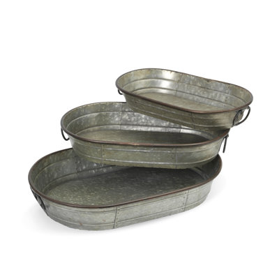Industrial Grace: Set of 3 Nested Oval Galvanized Metal Decorative Planter Trays with Copper Trim Accents